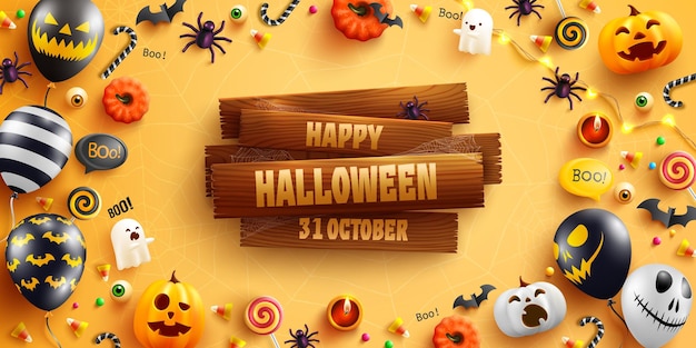 Halloween-Banner-Vorlage mit altem Holzbrett und Halloween-Geist