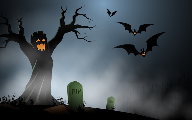 Halloween-Baummonster am nebeligen Grab
