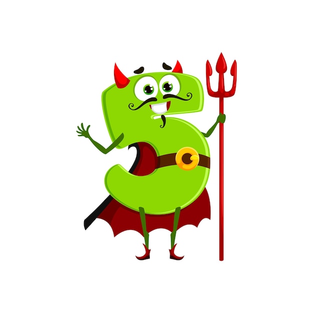 Halloween-Cartoon-Figur Nummer 5 im Teufelskostüm für Feiertags-Horror-Nacht-Vektor-lustiges Monster Nummer fünf Halloween-Emoticon im Kostüm mit Teufelshörnern und Dreizack für Süßes oder Saures für Kinder