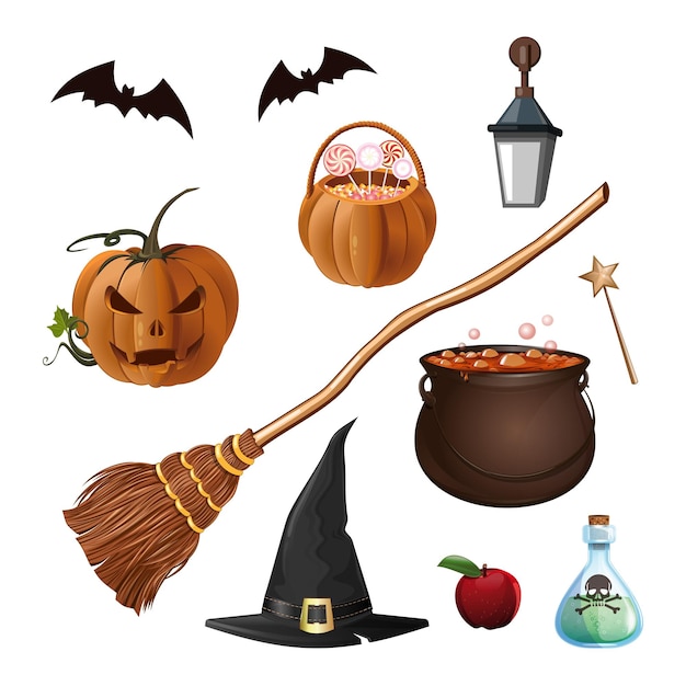 Vektor halloween-cartoon-symbole auf weißem hintergrund