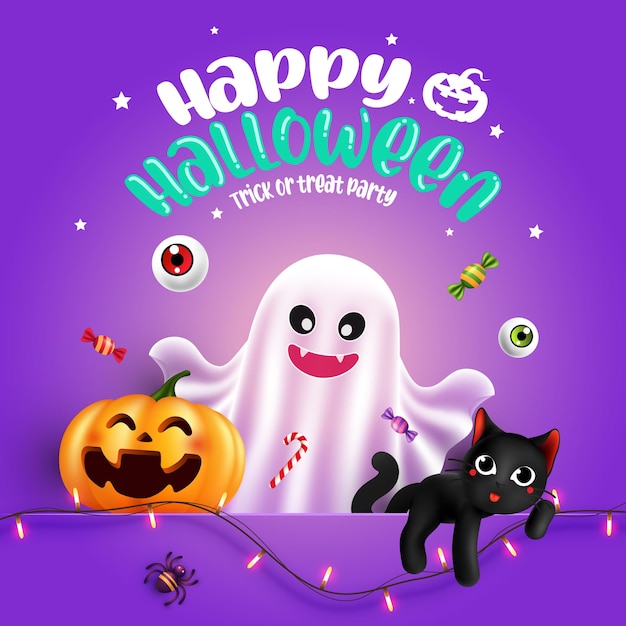 Halloween Charakter Ghost Kürbis mit Typografie Halloween Hintergrund Süßes oder Saures Konzept