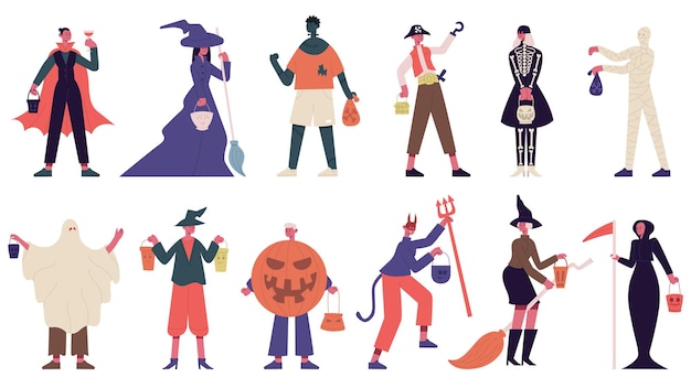 Halloween-Charaktere. Menschen in Halloween-Kostümen, Hexen-, Geister- und Mumienkostümen für Karnevalsparty-Vektorillustrationsset. Halloween gruselig. Charakter-Halloween-Menschen im Kostüm zum Urlaub