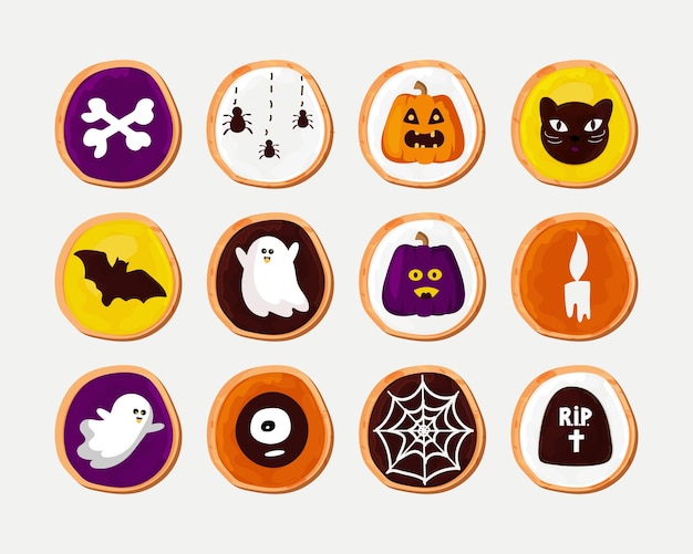 Vektor halloween cookies set traditionelle mahlzeit glasiertes gebäck mit zeichnungen in form von fledermäusen, kürbissen, knochen, geistern, vektorgrafik-cartoon-stil