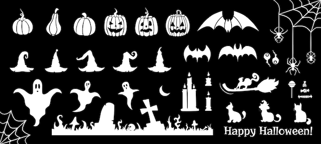 Vektor halloween dekorative weiße elemente und silhouetten von kürbissen, hexenhüten, katzen, kerzen, spinnen
