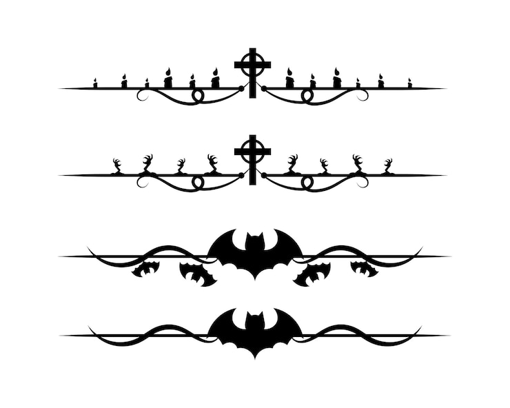 Vektor halloween-designelemente set aus schwarzen silhouetten von fledermauskreuzen und kreuzen auf weißem hintergrund