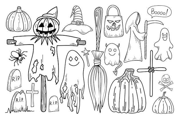 Vektor halloween-doodle-set linie gezeichnete horror-urlaubssymbole vektor-sammlung von gruseligen kürbissen tag der geister geister-vogelscheuchen-friedhof und tod in schwarzer umrandung