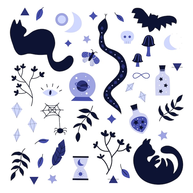 Vektor halloween-doodle-set mit katzen silhouette fledermaus schlange spinne und schmetterling