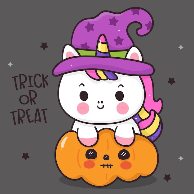 Vektor halloween-einhorn in kürbis-cartoon-kawaii-tier