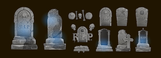 Halloween-Elemente und -Objekte für Designprojekte. Grabsteine für Halloween. Antike RIP. Grab auf dunklem Hintergrund