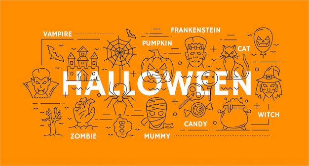 Halloween-feiertagsfiguren im line-art-banner mit kürbislaternen, horrormonstern und geistern, vektorhintergrund. halloween-feiertags-vampir-fledermaus-mumie und frankenstein mit toter zombie-hand