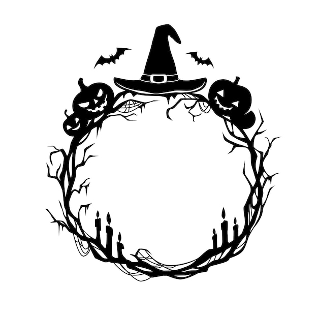 Vektor halloween-feiertagsschwarzer rahmen mit kerzen und fledermäusen, hexenhut und kürbissen, vektorrand. halloween-horror-nachtkreis-randrahmen mit gruseligem gruseligem kürbis und gruseligen bäumen für grußkarte