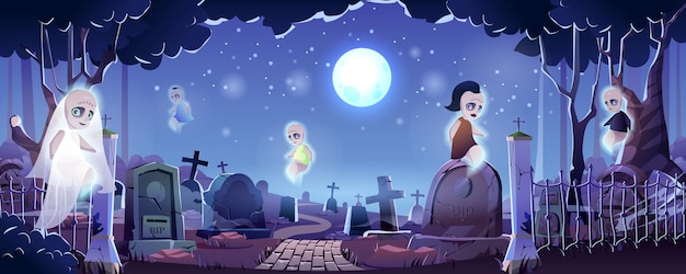 Halloween Friedhof Landing Page Nachtfriedhof mit fliegenden Geistern riesiger Mond gruselige Grabsteine