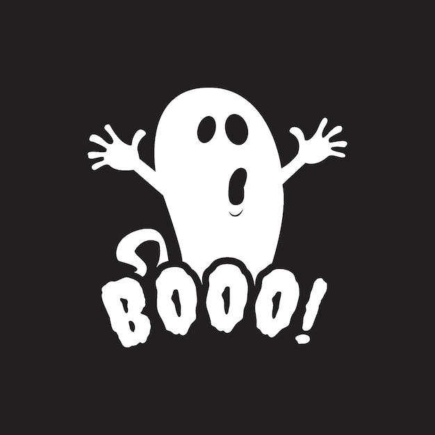 Halloween-Geist mit s Boo-Schriftzug, isoliert auf schwarzem Hintergrund, Vektor-T-Shirt-Design