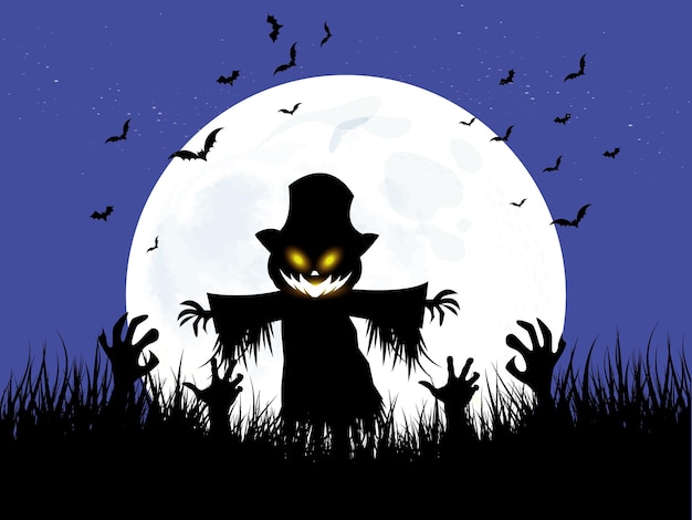 Halloween-geist-vogelscheuche mit zombie-hand-horror-vollmond-hintergrund.