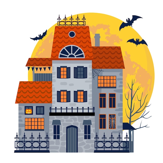 Vektor halloween-geisterhaus mit dem mond im hintergrund