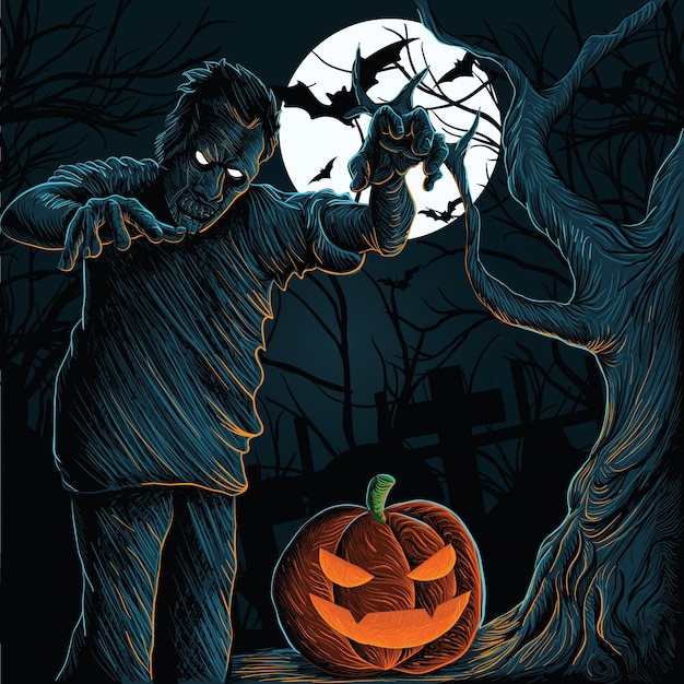 Halloween-Geisterplatz mit Kürbis-Zombies-Fledermäusen und Friedhof-Monster-Vektor-Design