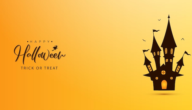 Vektor halloween-gelber bannerhintergrund mit halloween-wunschtext und niedlichem halloween-spukhaus