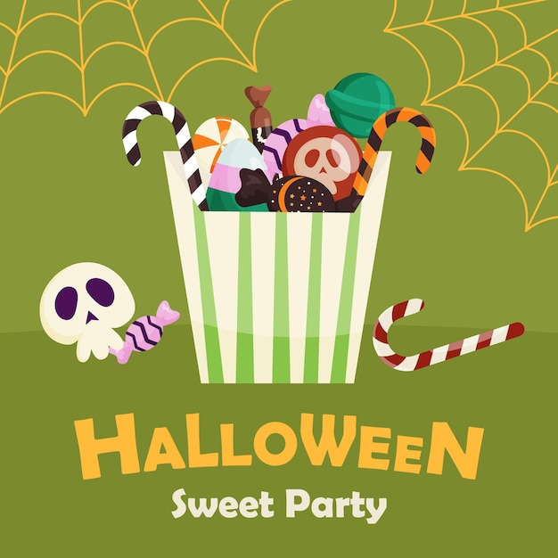 Halloween-green-card-design mit papiertüte voller süßigkeiten, bonbons und desserts süße party-einladungspostkarte quadratische designvorlage halloween-kinderfeiertagsplakat vektorillustration im flachen stil