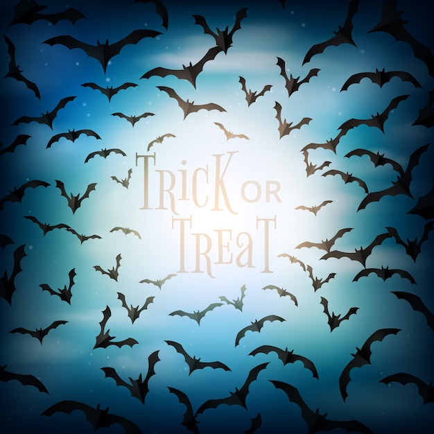 Halloween gruselige nacht mit fliegenden fledermäusen hintergrund papierschnitt stil.trick oder behandeln illustration.
