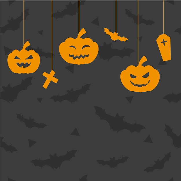 Vektor halloween-grußkarte mit kürbisen, kreuze, sarg auf einer schnur mit kopienraum. halloween-konzept