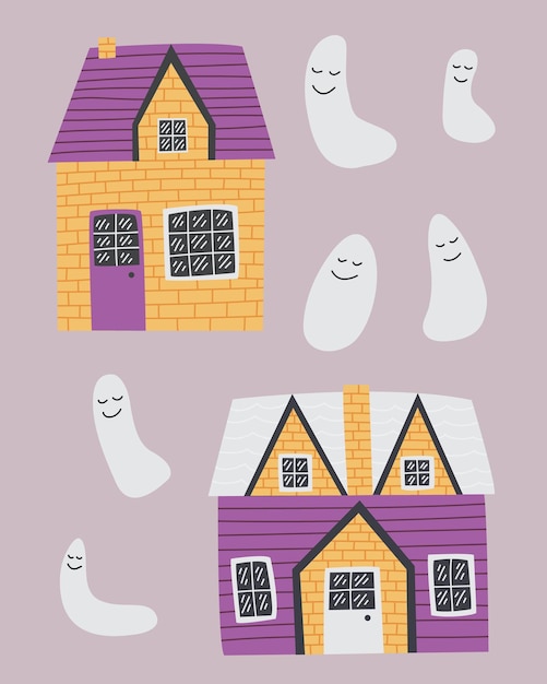 Halloween-häuser mit geister-vektorset vektorsüßes landhaus mit verschiedenen geistern