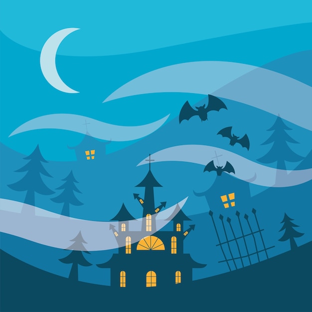 Halloween-häuser mit tor und kiefern bei nachtentwurf, gruseliges thema