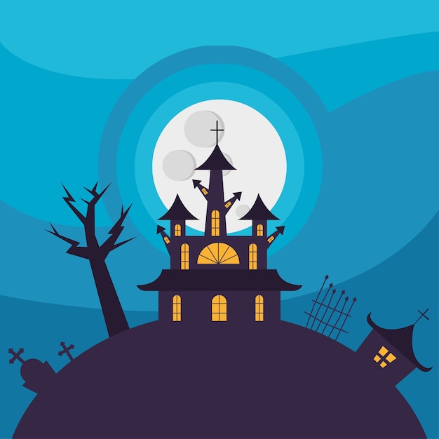 Halloween-haus mit tor vor mondentwurf, gruseliges thema