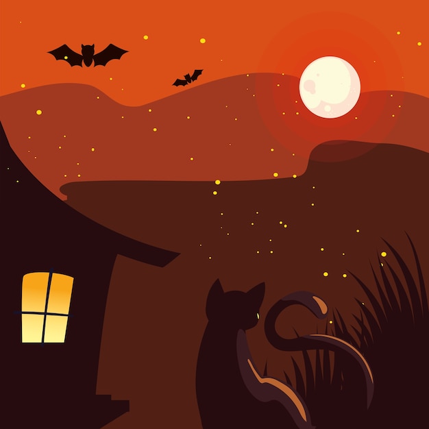 Halloween-haus und katze vor mondentwurf, feiertags- und unheimliche themenillustration