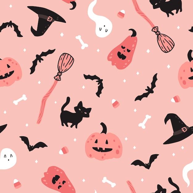 Vektor halloween-hexe in rosa, nahtloses muster. kindliche vektorillustration magischer elemente im einfachen, handgezeichneten cartoon-stil. die begrenzte palette ist ideal für kinderdrucke