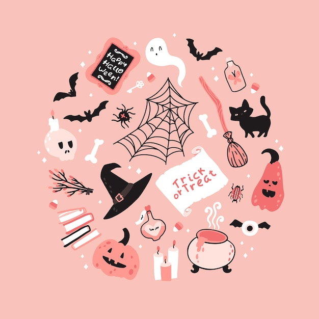 Vektor halloween-hexe in rosa-set. kindliche vektorillustration magischer elemente im einfachen handgezeichneten cartoon-stil. runder rahmen. die begrenzte palette ist ideal zum drucken