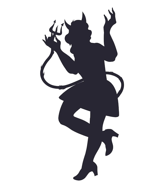 Halloween hexe teufel frau schwarze silhouette mit hörnern und schwanz, vektor isoliert.
