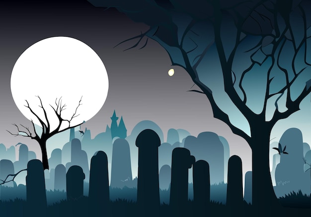Halloween-Hintergrund mit alten Friedhofsgrabsteinen, gruseligen, blattlosen Bäumen