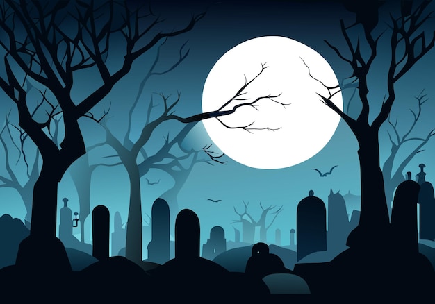 Halloween-Hintergrund mit alten Friedhofsgrabsteinen, gruseligen, blattlosen Bäumen