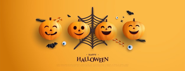 Halloween-Hintergrund mit einem Haufen orangefarbener 3D-Kürbisse