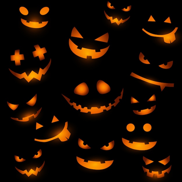 Halloween-hintergrund mit glühenden kürbisgesichtern