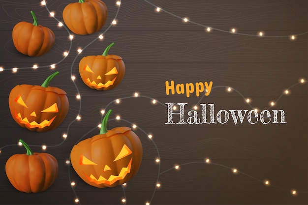 Halloween-hintergrund mit kürbissen und kürbislaterne auf holz mit lichterketten