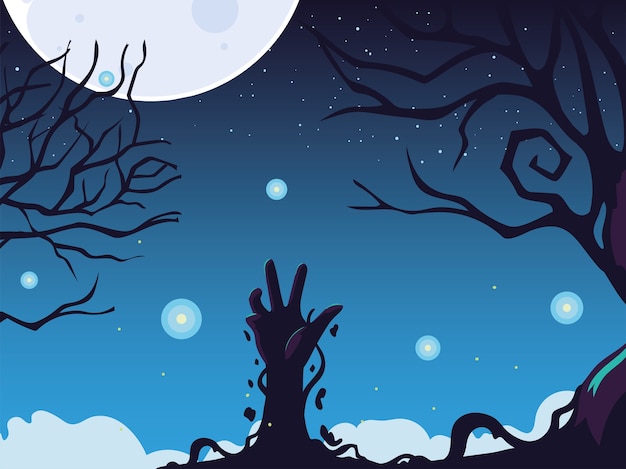 Halloween-hintergrund mit zombiehand und vollmond