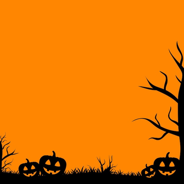 Vektor halloween-hintergrund, schwarze silhouette von kürbissen und gruseligen bäumen, silhouetten, panorama-vektorillustration, untere wanddekoration, schwarz und orange