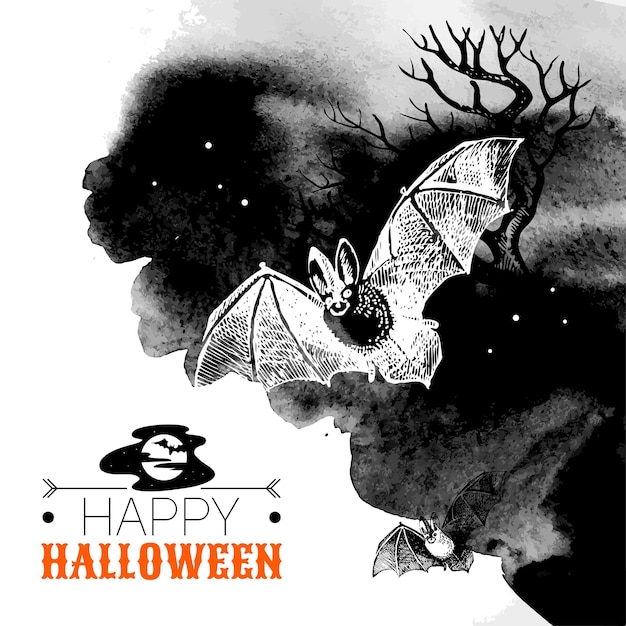 Vektor halloween-hintergrund. typografisches plakat. hand gezeichnete skizze und aquarellvektorillustration