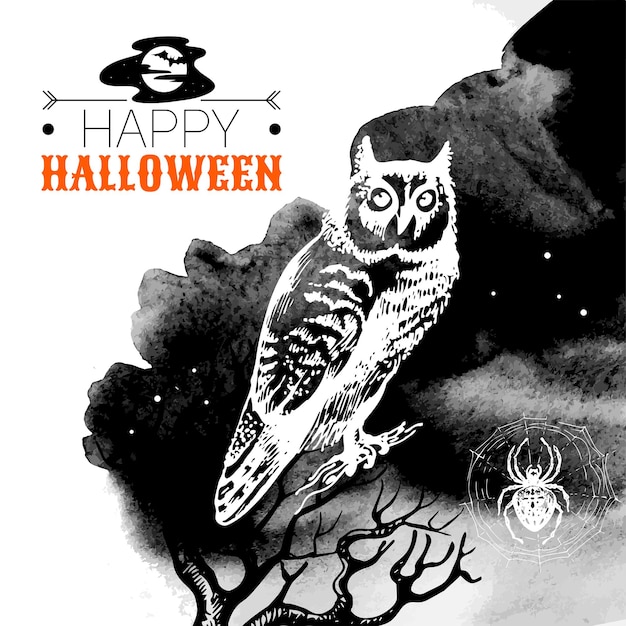 Halloween-Hintergrund. Typografisches Plakat. Hand gezeichnete Skizze und Aquarellvektorillustration