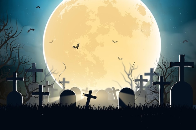 Halloween-Hintergrundvorlage mit Nachtlandschaft und vollem gelben Mond mit viel Grabstein