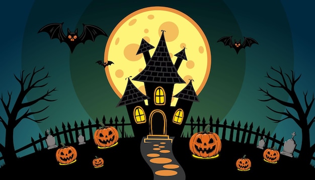 Halloween-Illustration mit einem Haus und Kürbissen auf der Vorderseite