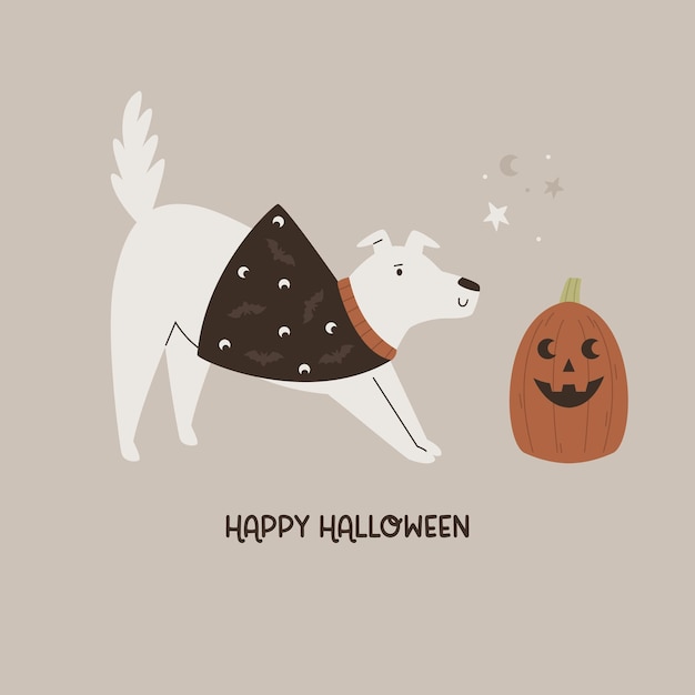 Halloween-illustration mit lustigem hund und kürbis