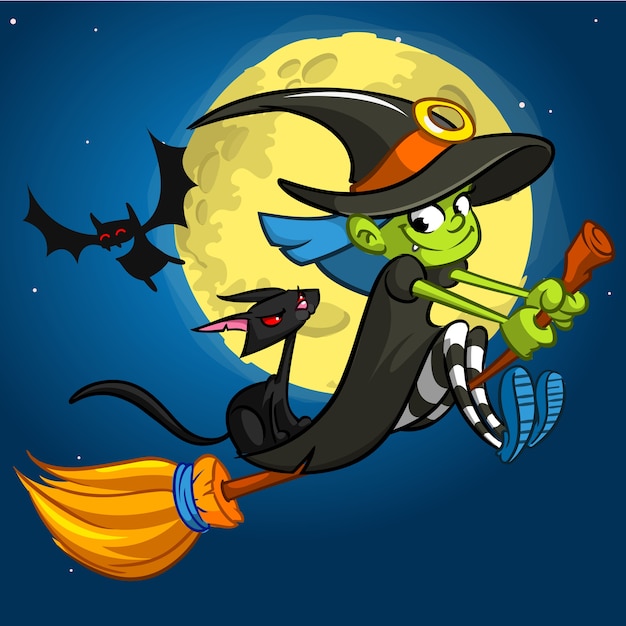 Halloween-Illustration mit nettem Hexenfliegen auf ihrem Besen auf einer Vollmondnacht