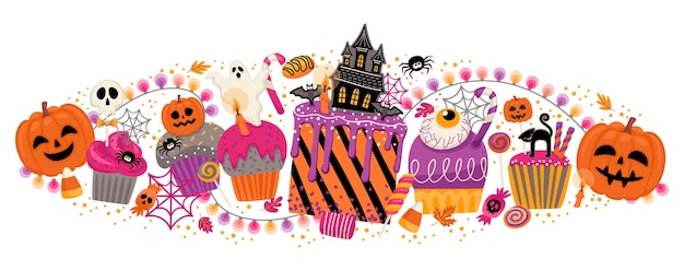 Vektor halloween-illustration. verzierte cupcakes, muffins, gebäck, süßigkeiten, süßigkeiten. vektorvorlage für bannerkarten, poster, web und andere zwecke
