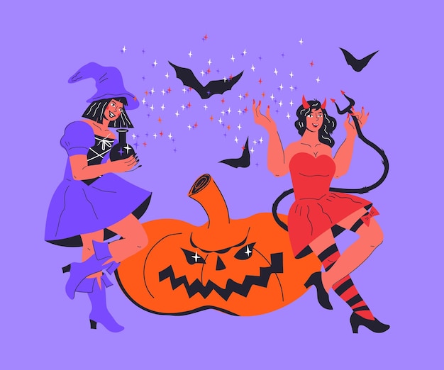 Halloween-karte oder poster mit flacher vektorillustration des sexy teufels und des hexenmädchens