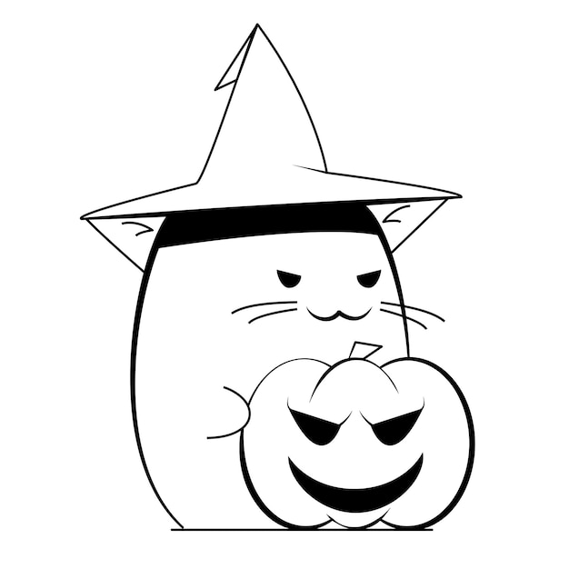 Vektor halloween-katze in einem hexenhut mit verschiedenen objekten in seinen händen und emotionen 5