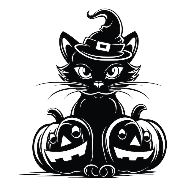 Vektor halloween-katze mit kürbis-silhouette vektor-illustration isoliert auf weißem hintergrund