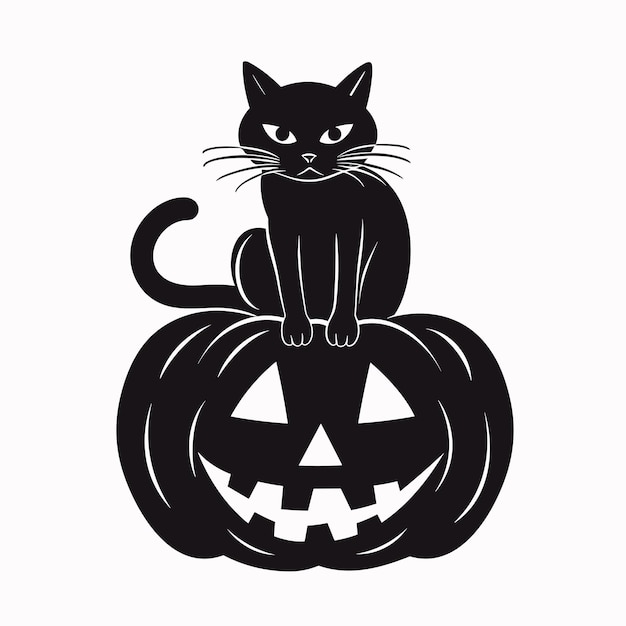 Vektor halloween-katze sitzt auf kürbis, schwarzer vektor, schwarze illustration