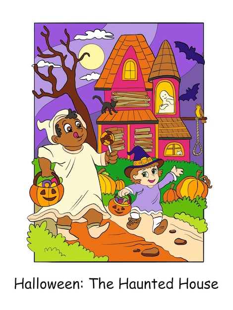 Halloween-Kinder gehen an einer bunten Illustration des Spukhausvektors vorbei